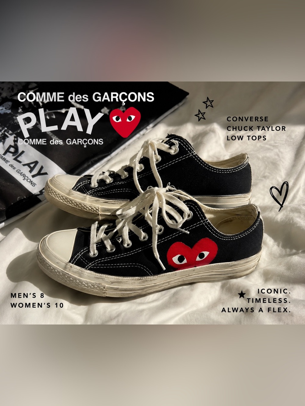 Comme des Garçons PLAY x Converse Chuck 70 Low Black Heart Sneakers Men8 Women10